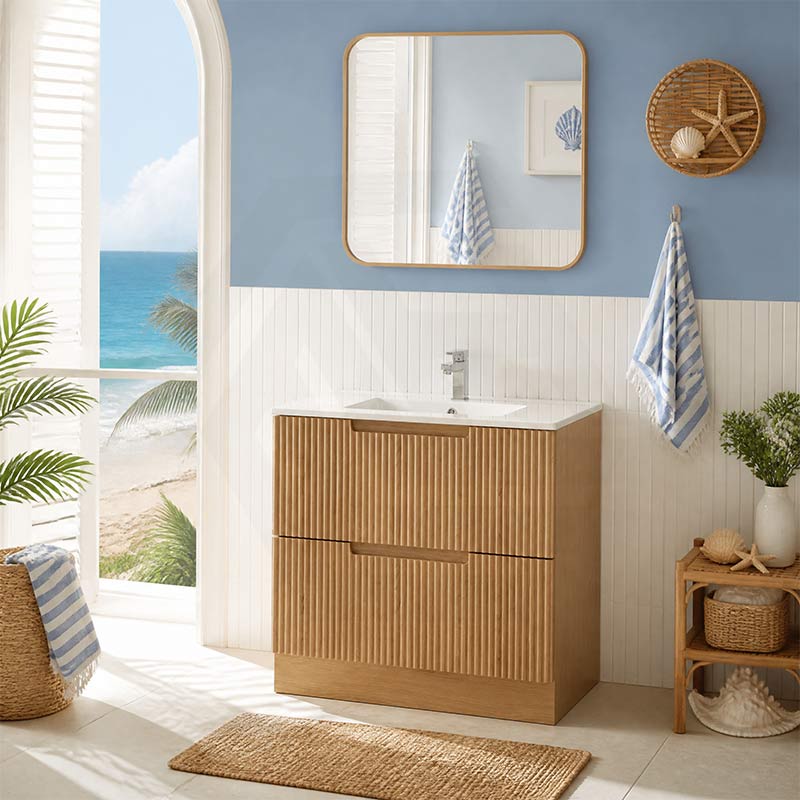 Aulic Lovina Fluted Freestanding Vanity with Kickboard Finger Pull Drawers 900mm - Harvest Oak