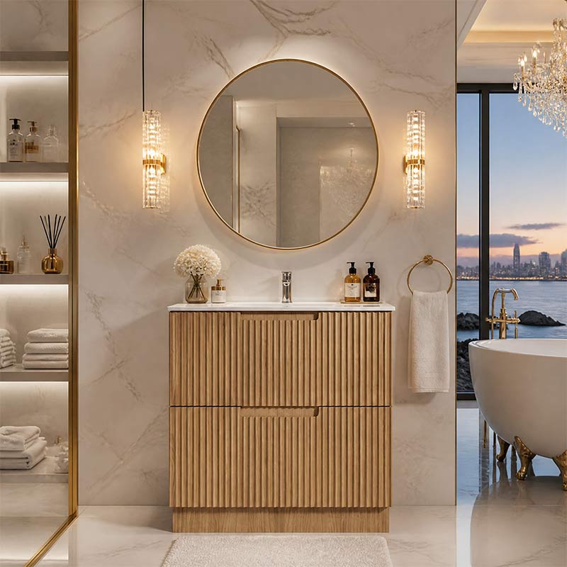 Aulic Lovina Fluted Freestanding Vanity with Kickboard Finger Pull Drawers 900mm - Harvest Oak