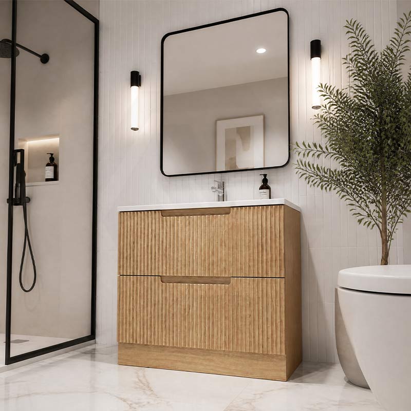 Aulic Lovina Fluted Freestanding Vanity with Kickboard Finger Pull Drawers 900mm - Harvest Oak