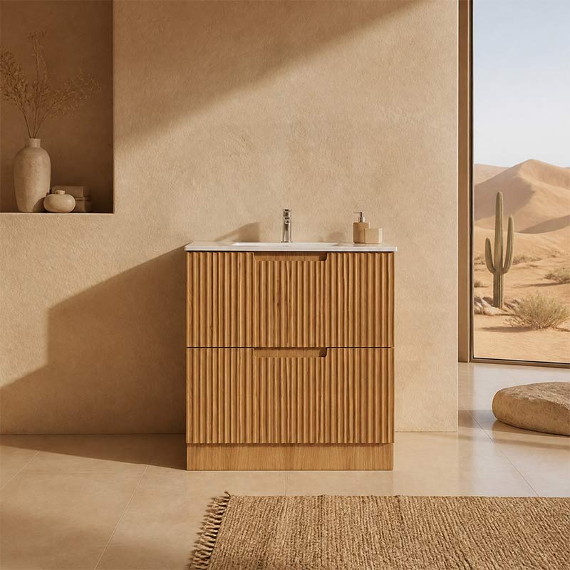 Aulic Lovina Fluted Freestanding Vanity with Kickboard Finger Pull Drawers 900mm - Harvest Oak