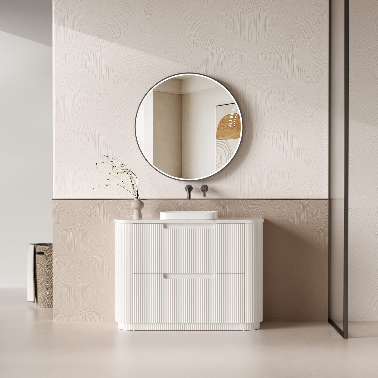 750-1800mm Aulic Curva Fluted Curved Freestanding Vanity with Kickboard Finger Pull Drawers Matt White