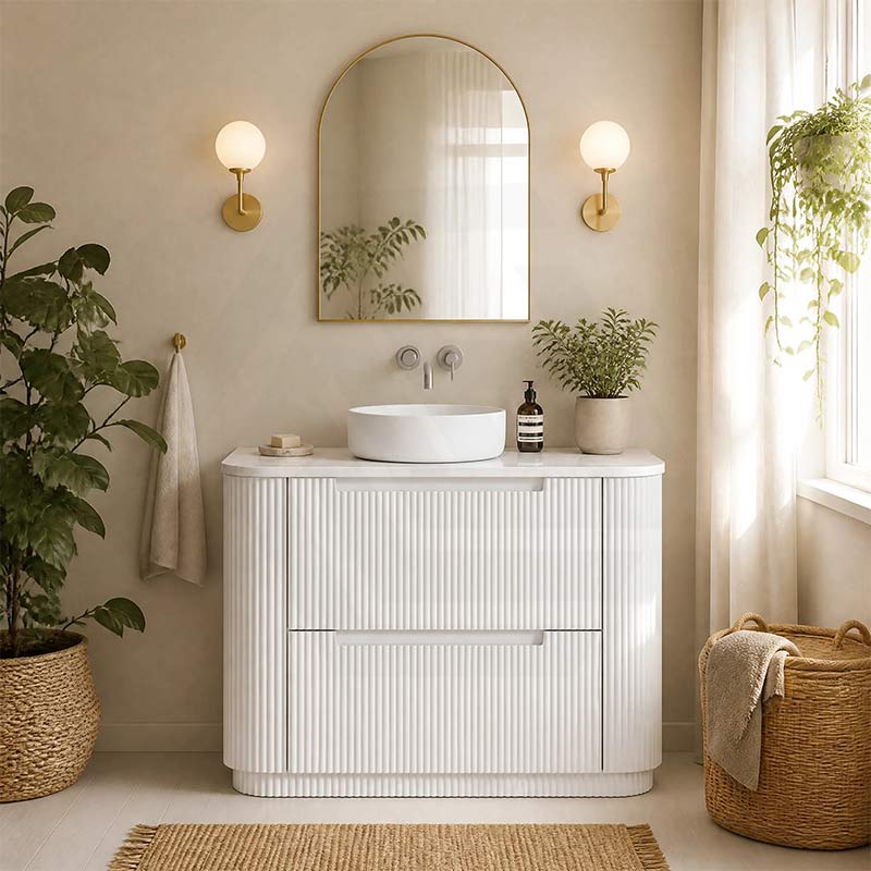 Aulic Curva Fluted Curved Freestanding Vanity with Kickboard Finger Pull Drawers 1200mm - Matt White