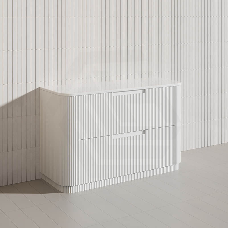 750-1800mm Aulic Curva Fluted Curved Freestanding Vanity with Kickboard Finger Pull Drawers Matt White