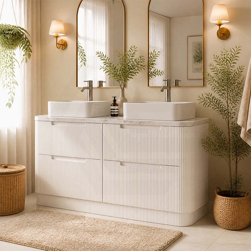 Aulic Curva Single/Double Bowls Fluted Curved Freestanding Vanity with Kickboard Finger Pull Drawers 1500mm - Matt White