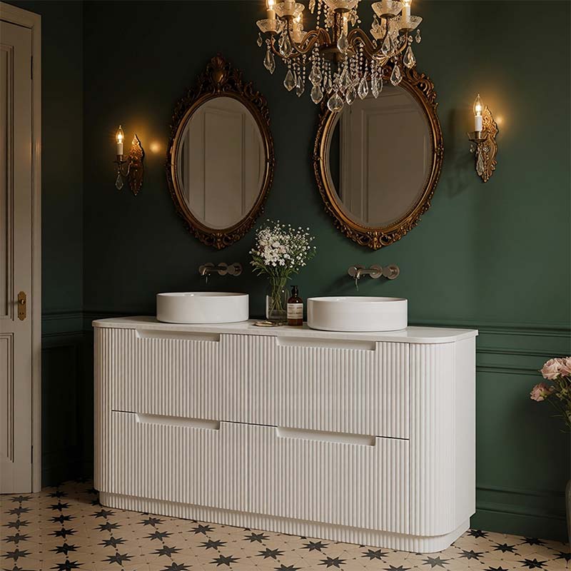Aulic Curva Single/Double Bowls Fluted Curved Freestanding Vanity with Kickboard Finger Pull Drawers 1500mm - Matt White