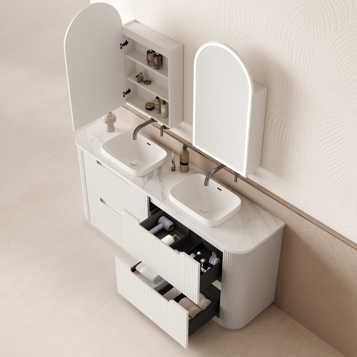 750-1800mm Aulic Curva Fluted Curved Freestanding Vanity with Kickboard Finger Pull Drawers Matt White