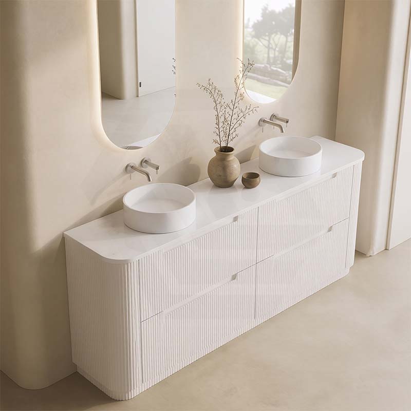 Aulic Curva Single/Double Bowls Fluted Curved Freestanding Vanity with Kickboard Finger Pull Drawers 1800mm - Matt White