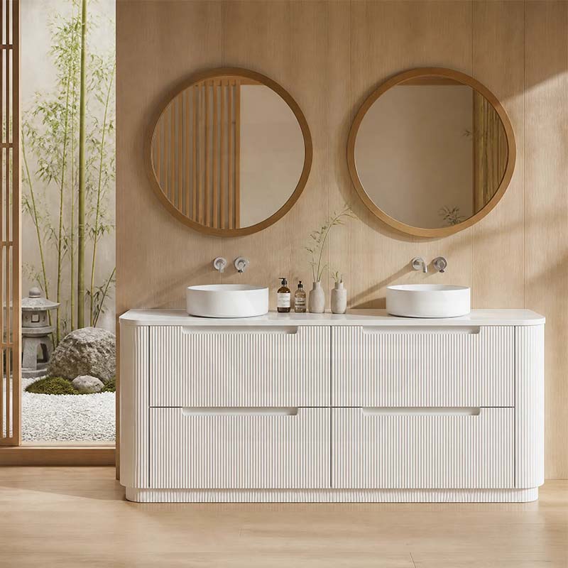 Aulic Curva Single/Double Bowls Fluted Curved Freestanding Vanity with Kickboard Finger Pull Drawers 1800mm - Matt White