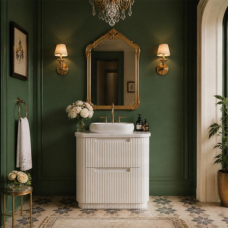 Aulic Curva Fluted Curved Freestanding Vanity with Kickboard Finger Pull Drawers 750mm - Matt White