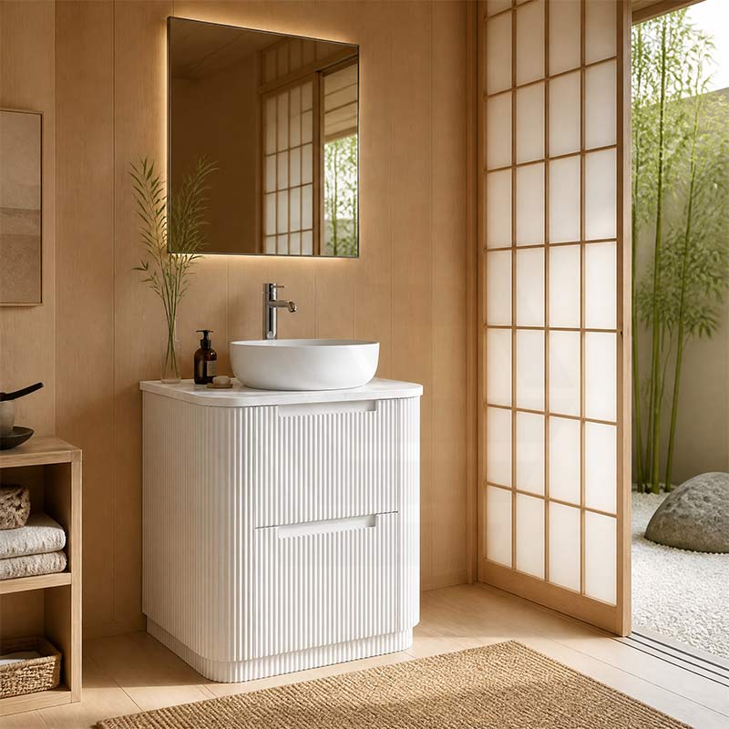 Aulic Curva Fluted Curved Freestanding Vanity with Kickboard Finger Pull Drawers 750mm - Matt White