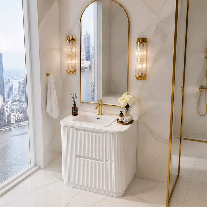 Aulic Curva Fluted Curved Freestanding Vanity with Kickboard Finger Pull Drawers 750mm - Matt White