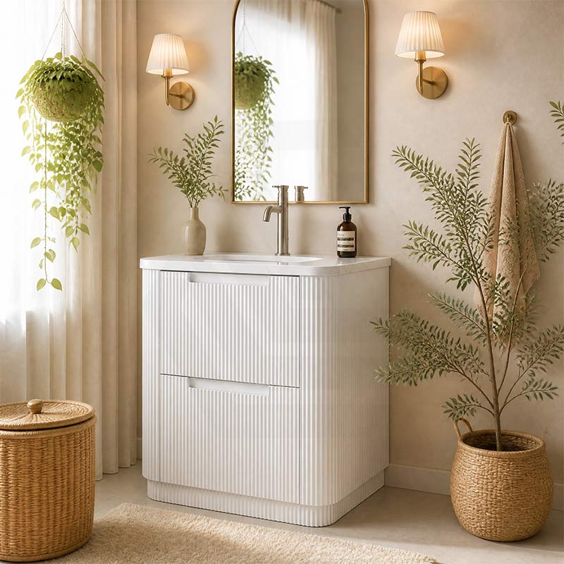 Aulic Curva Fluted Curved Freestanding Vanity with Kickboard Finger Pull Drawers 750mm - Matt White