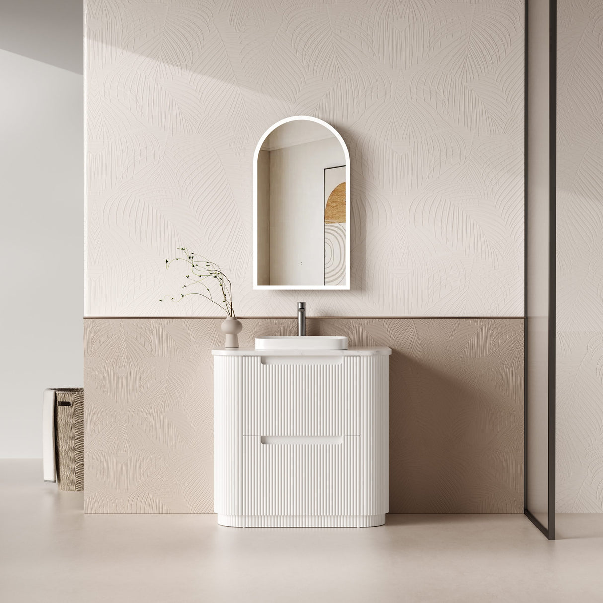 750-1800mm Aulic Curva Fluted Curved Freestanding Vanity with Kickboard Finger Pull Drawers Matt White