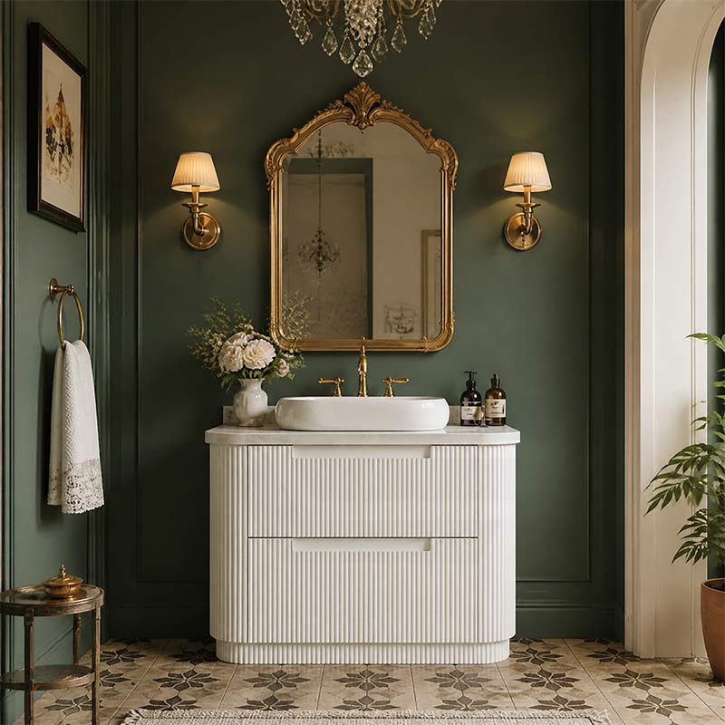 Aulic Curva Fluted Curved Freestanding Vanity with Kickboard Finger Pull Drawers 900mm - Matt White