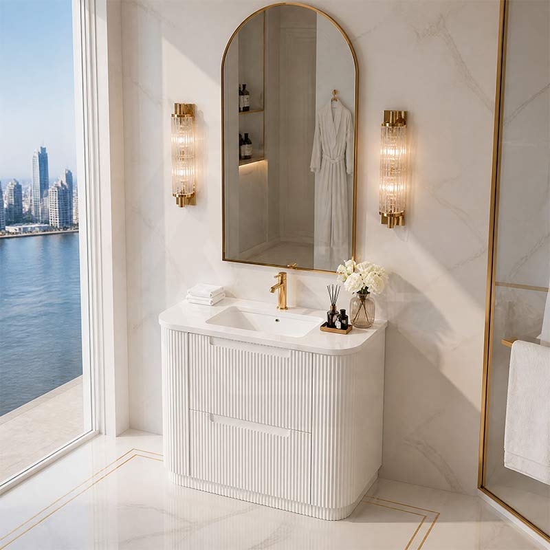 Aulic Curva Fluted Curved Freestanding Vanity with Kickboard Finger Pull Drawers 900mm - Matt White
