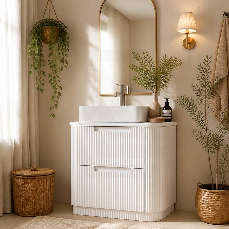 Aulic Curva Fluted Curved Freestanding Vanity with Kickboard Finger Pull Drawers 900mm - Matt White