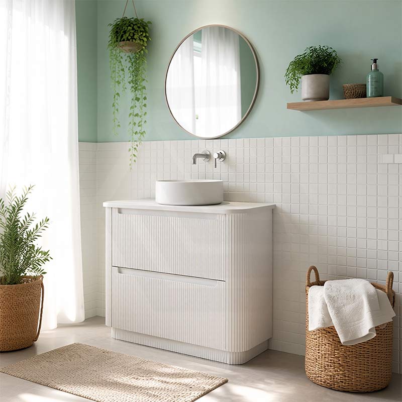 Aulic Curva Fluted Curved Freestanding Vanity with Kickboard Finger Pull Drawers 900mm - Matt White