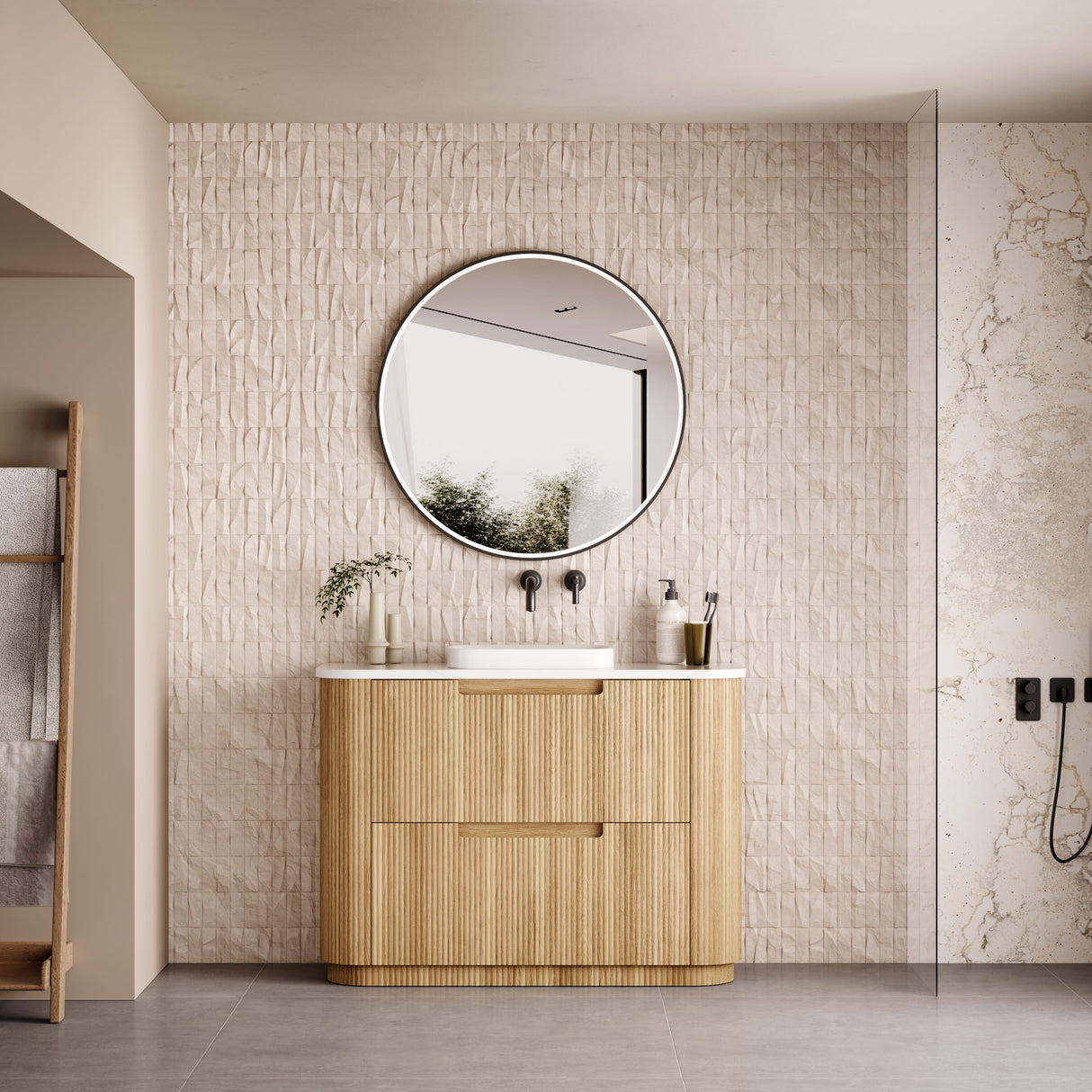 750-1800mm Aulic Varcelli Fluted Curved Freestanding Vanity with Kickboard Finger Pull Drawers Harvest Oak