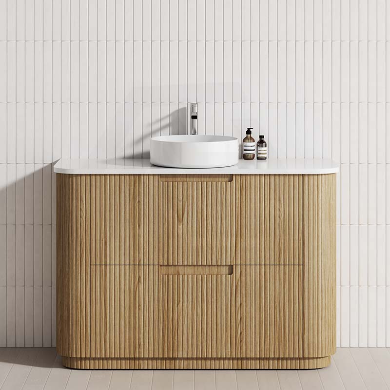 750-1800mm Aulic Varcelli Fluted Curved Freestanding Vanity with Kickboard Finger Pull Drawers Harvest Oak