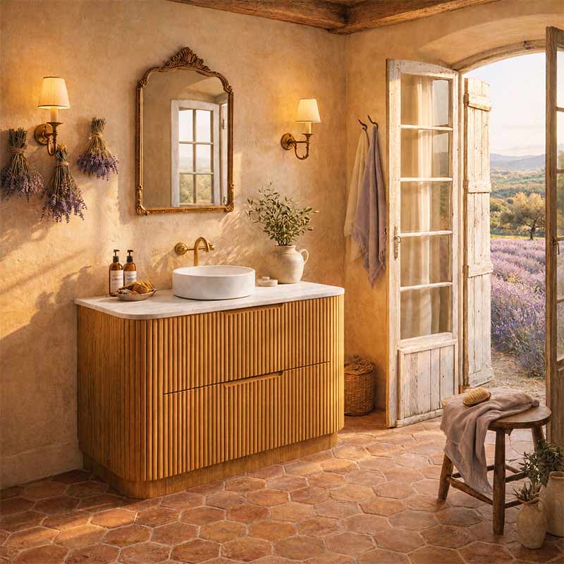 Aulic Varcelli Fluted Curved Freestanding Vanity with Kickboard Finger Pull Drawers 1200mm - Harvest Oak