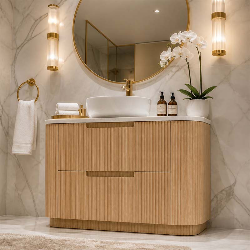 Aulic Varcelli Fluted Curved Freestanding Vanity with Kickboard Finger Pull Drawers 1200mm - Harvest Oak