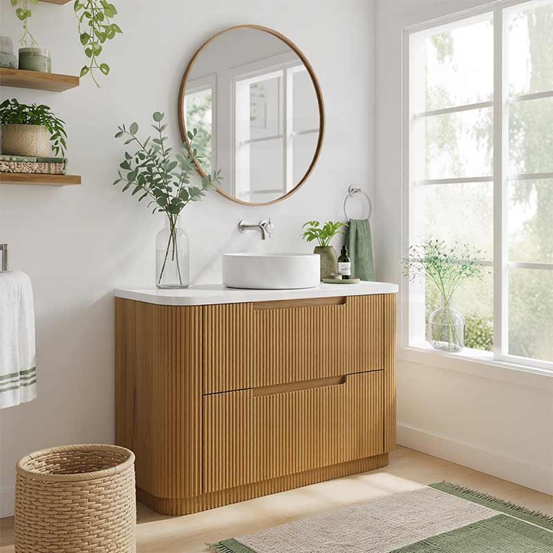Aulic Varcelli Fluted Curved Freestanding Vanity with Kickboard Finger Pull Drawers 1200mm - Harvest Oak