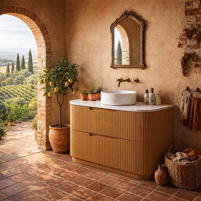 Aulic Varcelli Fluted Curved Freestanding Vanity with Kickboard Finger Pull Drawers 1200mm - Harvest Oak