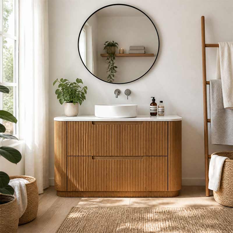 Aulic Varcelli Fluted Curved Freestanding Vanity with Kickboard Finger Pull Drawers 1200mm - Harvest Oak