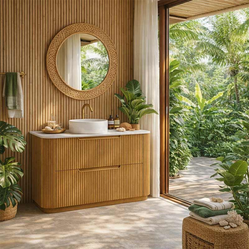 Aulic Varcelli Fluted Curved Freestanding Vanity with Kickboard Finger Pull Drawers 1200mm - Harvest Oak