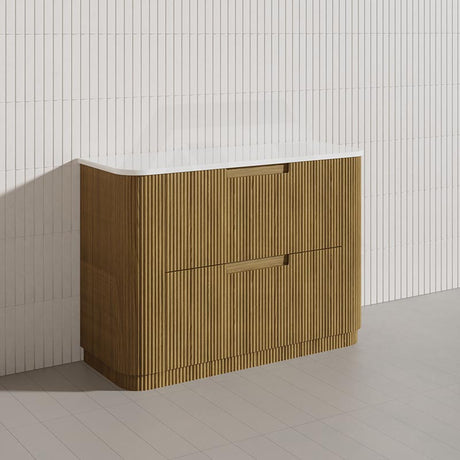 750-1800mm Aulic Varcelli Fluted Curved Freestanding Vanity with Kickboard Finger Pull Drawers Harvest Oak