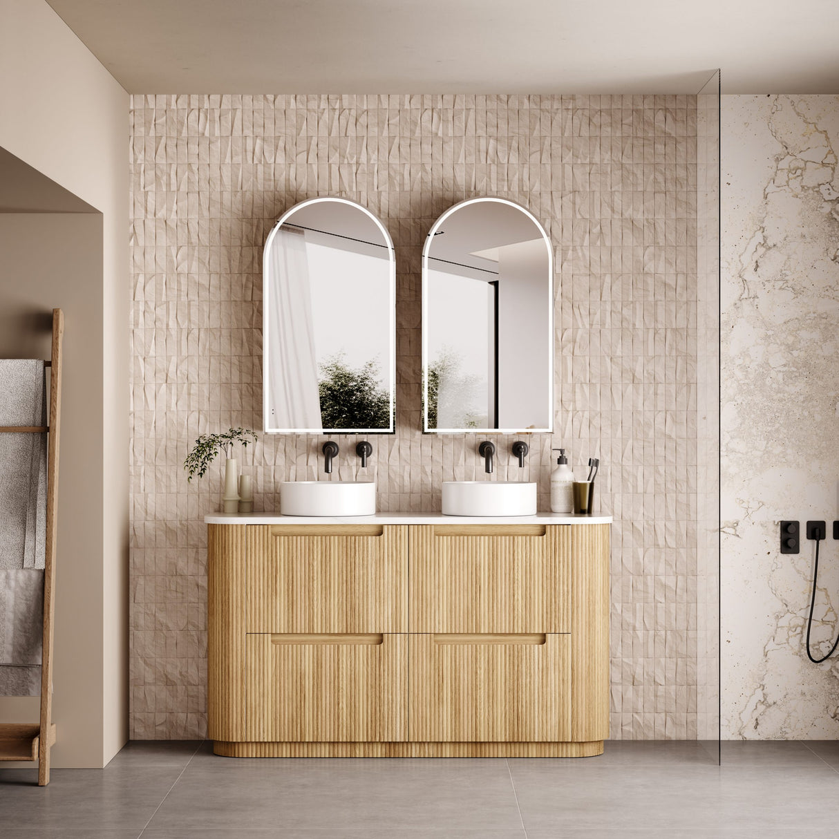 750-1800mm Aulic Varcelli Fluted Curved Freestanding Vanity with Kickboard Finger Pull Drawers Harvest Oak
