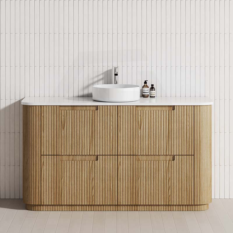 750-1800mm Aulic Varcelli Fluted Curved Freestanding Vanity with Kickboard Finger Pull Drawers Harvest Oak