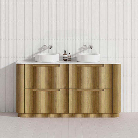 750-1800mm Aulic Varcelli Fluted Curved Freestanding Vanity with Kickboard Finger Pull Drawers Harvest Oak