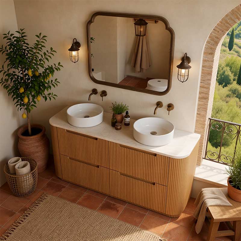 Aulic Varcelli Single/Double Bowls Fluted Curved Freestanding Vanity with Kickboard Finger Pull Drawers 1500mm - Harvest Oak