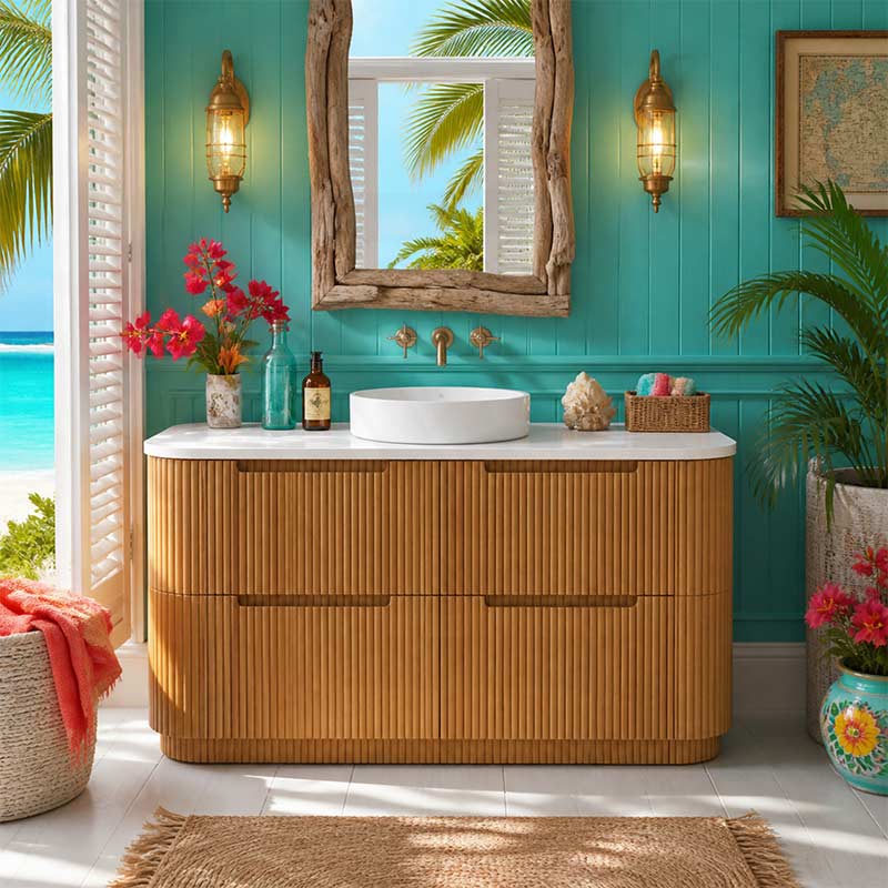 Aulic Varcelli Single/Double Bowls Fluted Curved Freestanding Vanity with Kickboard Finger Pull Drawers 1500mm - Harvest Oak