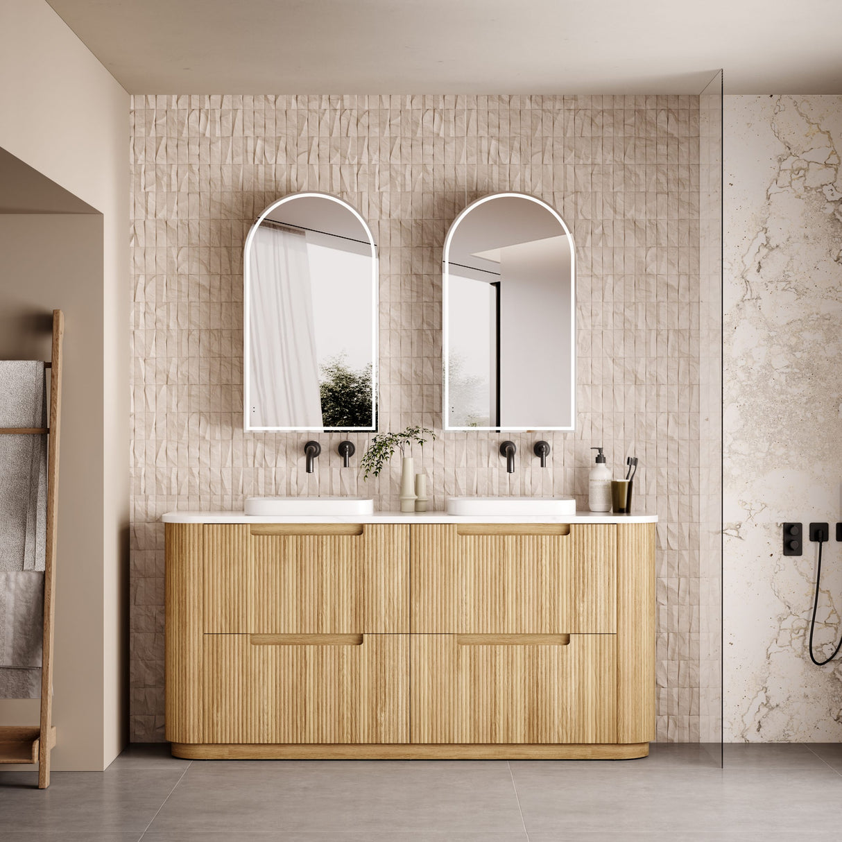 750-1800mm Aulic Varcelli Fluted Curved Freestanding Vanity with Kickboard Finger Pull Drawers Harvest Oak