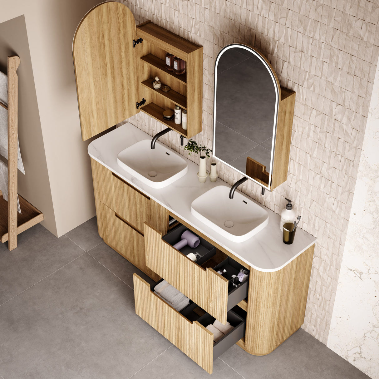 750-1800mm Aulic Varcelli Fluted Curved Freestanding Vanity with Kickboard Finger Pull Drawers Harvest Oak