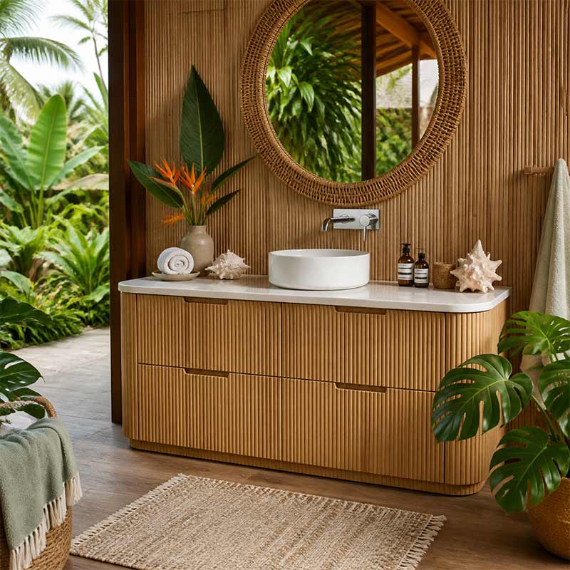 Aulic Varcelli Single/Double Bowls Fluted Curved Freestanding Vanity with Kickboard Finger Pull Drawers 1800mm - Harvest Oak
