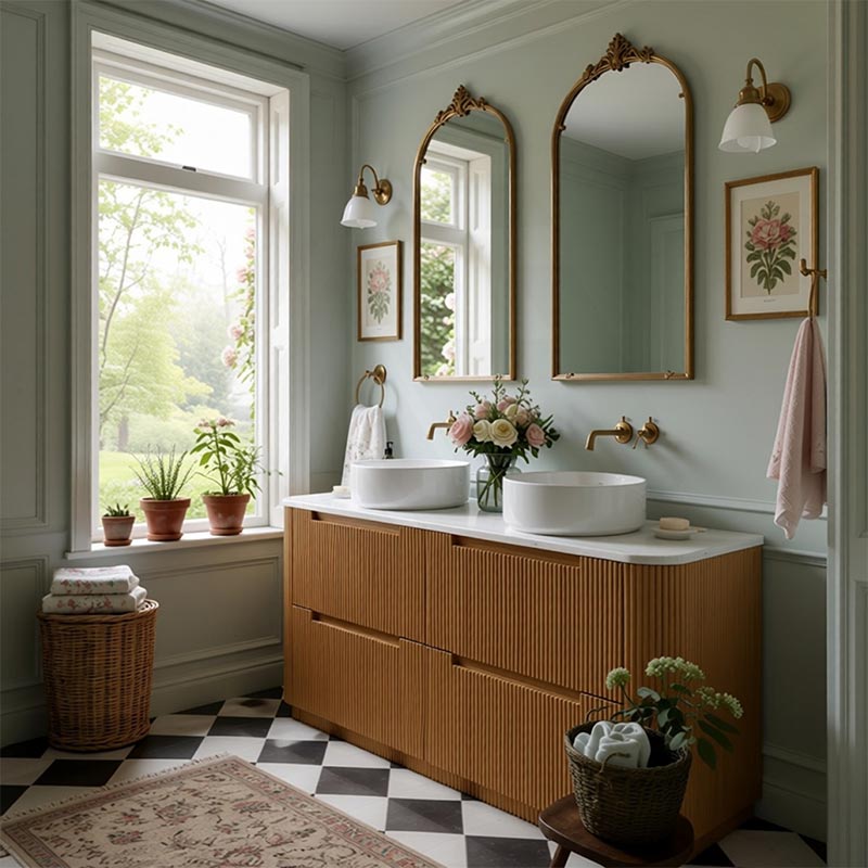 Aulic Varcelli Single/Double Bowls Fluted Curved Freestanding Vanity with Kickboard Finger Pull Drawers 1800mm - Harvest Oak