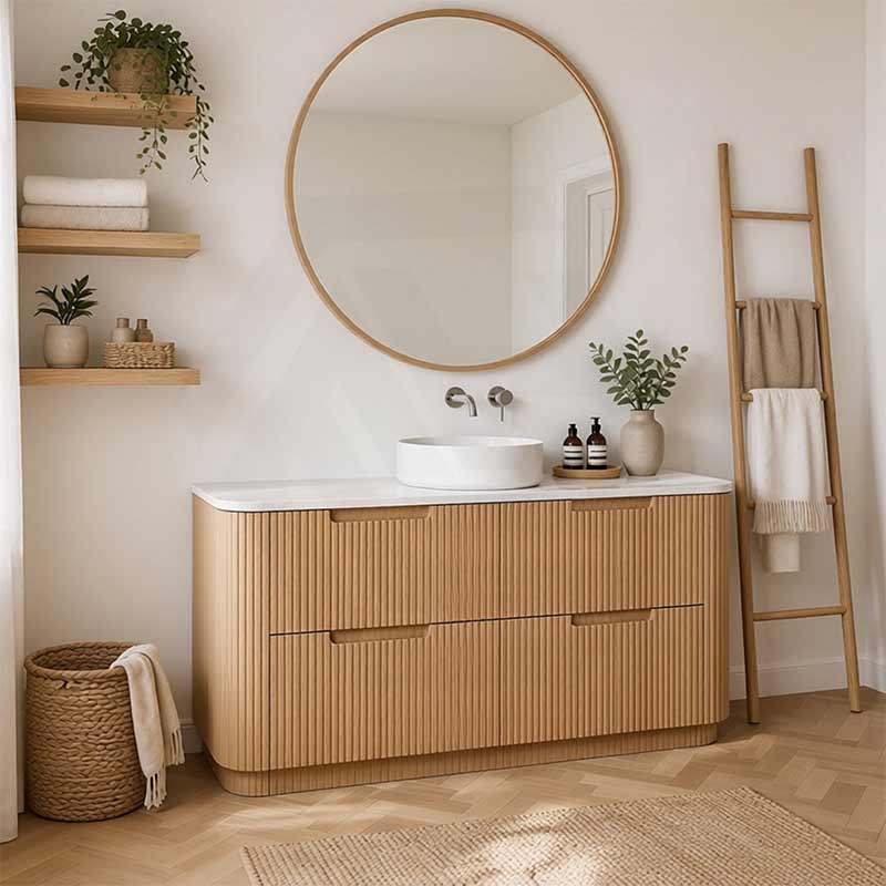 Aulic Varcelli Single/Double Bowls Fluted Curved Freestanding Vanity with Kickboard Finger Pull Drawers 1800mm - Harvest Oak