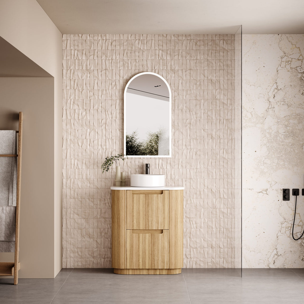 750-1800mm Aulic Varcelli Fluted Curved Freestanding Vanity with Kickboard Finger Pull Drawers Harvest Oak