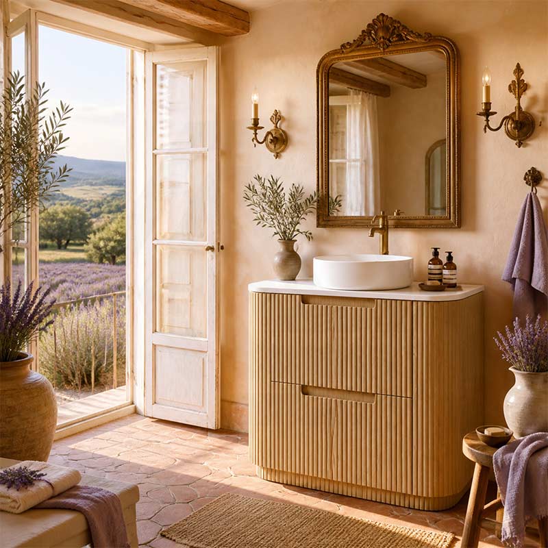 Aulic Varcelli Fluted Curved Freestanding Vanity with Kickboard Finger Pull Drawers 750mm - Harvest Oak