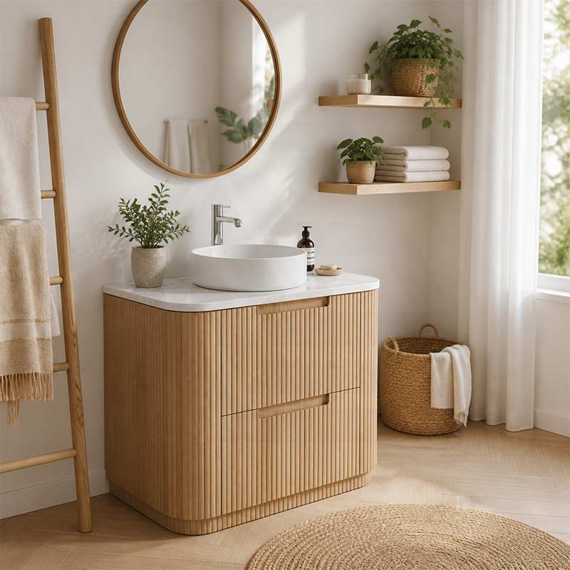 Aulic Varcelli Fluted Curved Freestanding Vanity with Kickboard Finger Pull Drawers 750mm - Harvest Oak