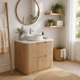 Aulic Varcelli Fluted Curved Freestanding Vanity with Kickboard Finger Pull Drawers 750mm - Harvest Oak