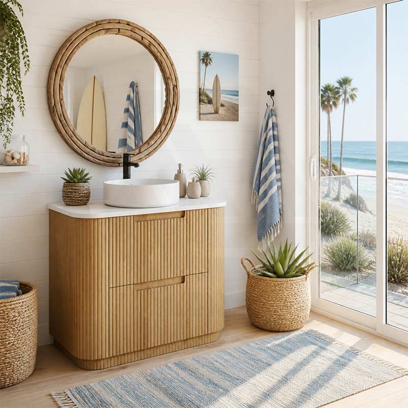 Aulic Varcelli Fluted Curved Freestanding Vanity with Kickboard Finger Pull Drawers 750mm - Harvest Oak