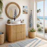 Aulic Varcelli Fluted Curved Freestanding Vanity with Kickboard Finger Pull Drawers 750mm - Harvest Oak