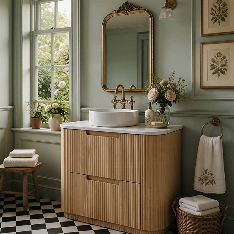 Aulic Varcelli Fluted Curved Freestanding Vanity with Kickboard Finger Pull Drawers 750mm - Harvest Oak