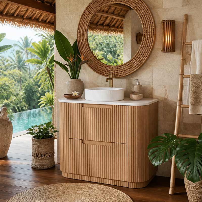 Aulic Varcelli Fluted Curved Freestanding Vanity with Kickboard Finger Pull Drawers 750mm - Harvest Oak