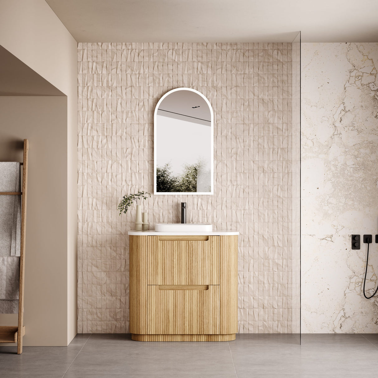750-1800mm Aulic Varcelli Fluted Curved Freestanding Vanity with Kickboard Finger Pull Drawers Harvest Oak