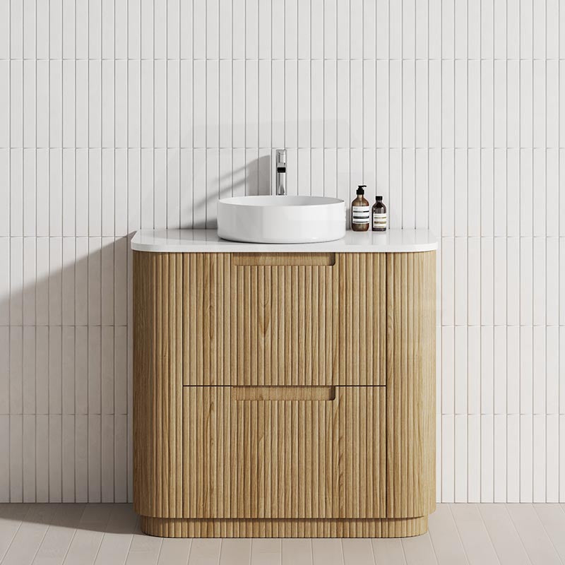 750-1800mm Aulic Varcelli Fluted Curved Freestanding Vanity with Kickboard Finger Pull Drawers Harvest Oak